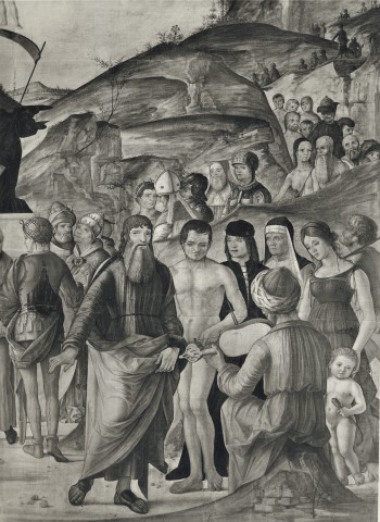 A. Villani e Figli — Lorenzo Costa (1460-1535). Il trionfo della Morte (part. del suonatore). S. Giacomo Maggiore (Bologna). Cappella Bentivoglio — particolare